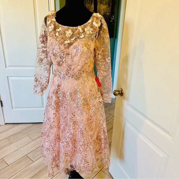 Mac Duggal 67501 Rose Pink Floral Detail Beaded Gown Midi Sz 8 NWT $598 - Picture 5 of 15